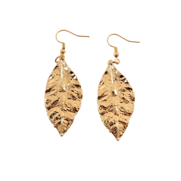Golden leaf earrings with organic shape and curved texture