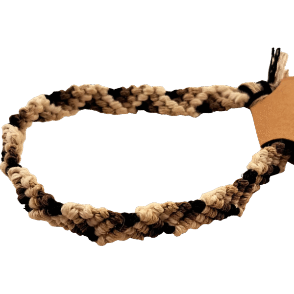 Handwoven black, white, and brown hemp bracelet in square knot macramé design by Capstone Hemp